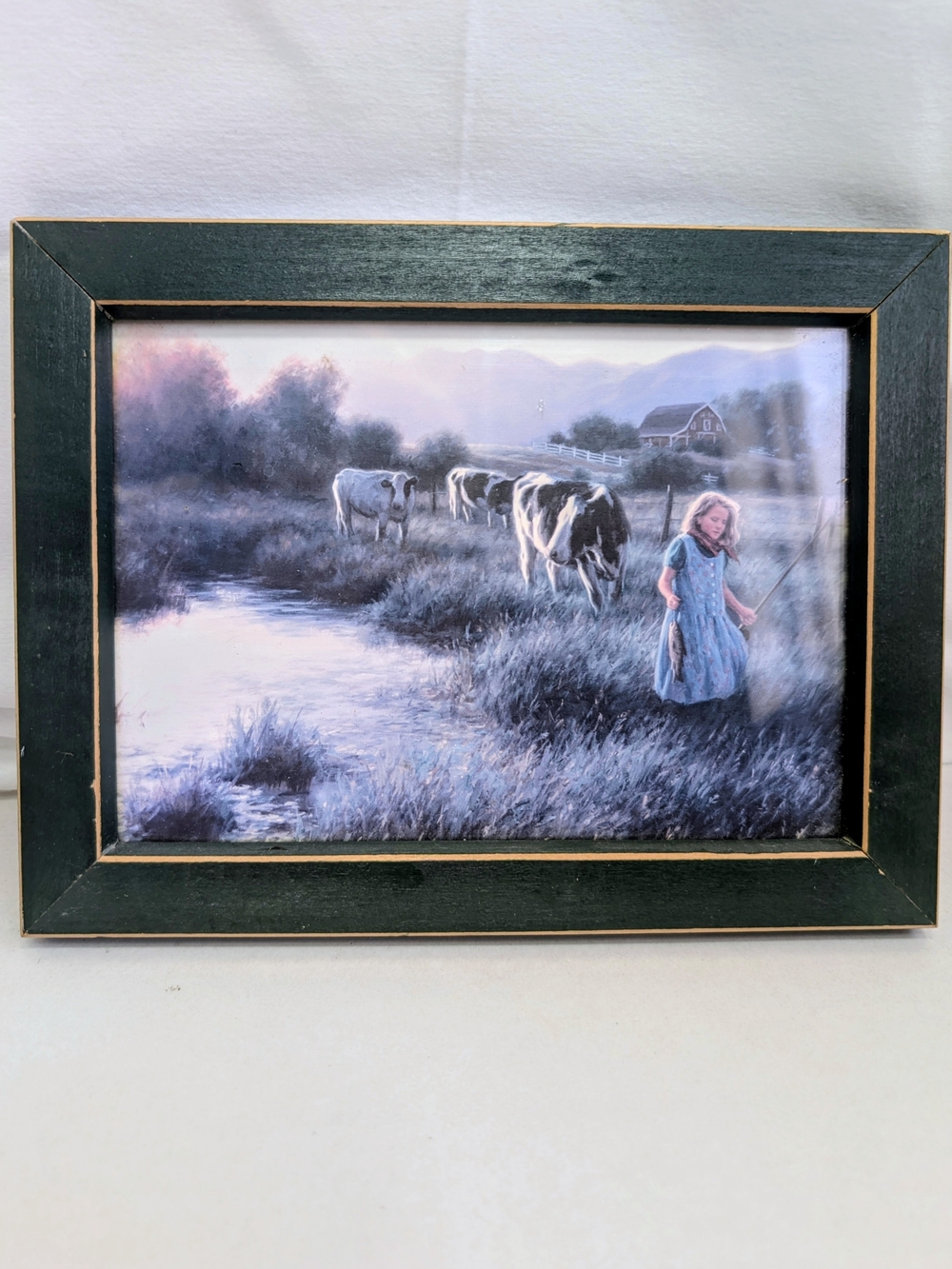 Pastoral Farmhouse Framed Art Print Country Cows & Girl Fishing Wall D Vintage